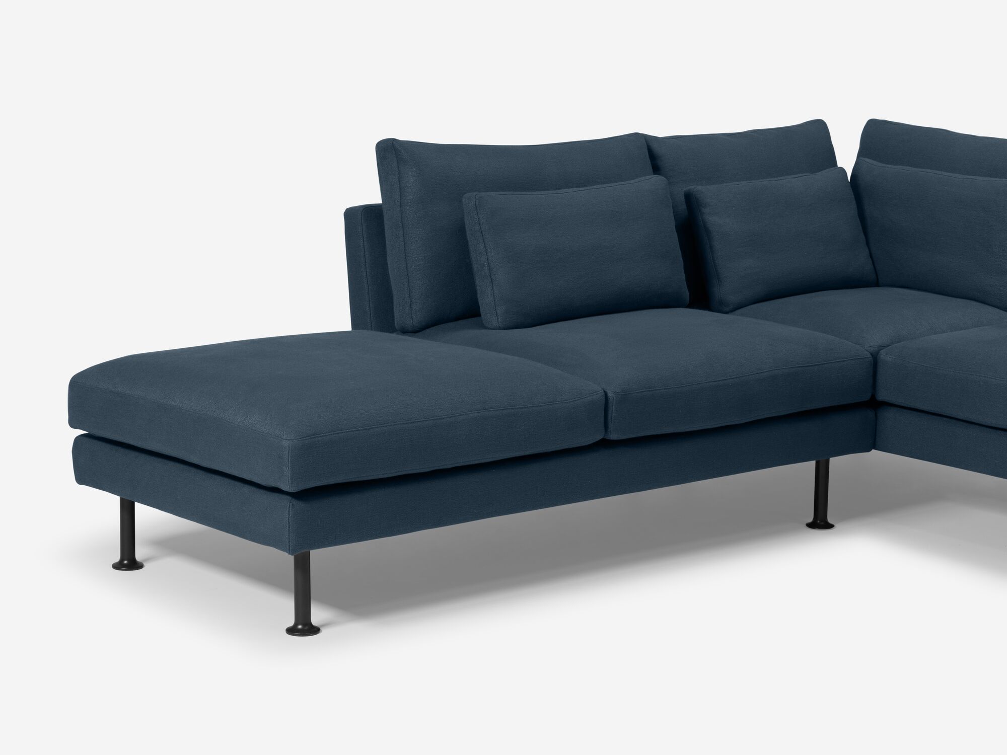 Chaise view of blue modern sectional